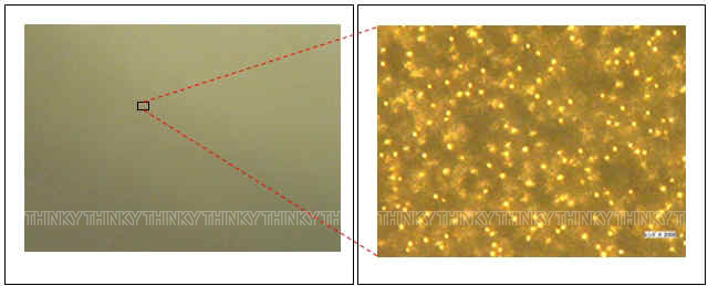 左：Au球均匀分散到密封胶中（目测条件）未观察到气泡，对保质期也没影响　右：光学显微镜放大图像(×2,000)